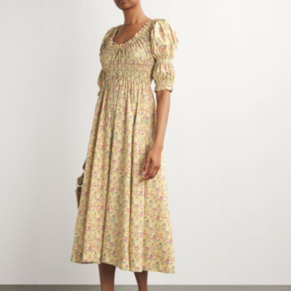 Yellow Floral Faithfull the Label Smocked Midi Dress